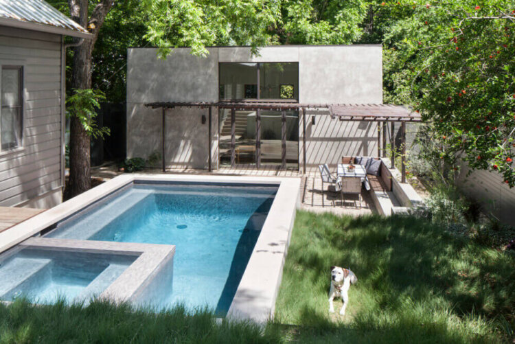 A modern pool and casita in an Austin backyard