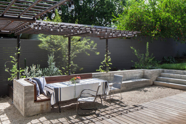 A modern pool and casita in an Austin backyard